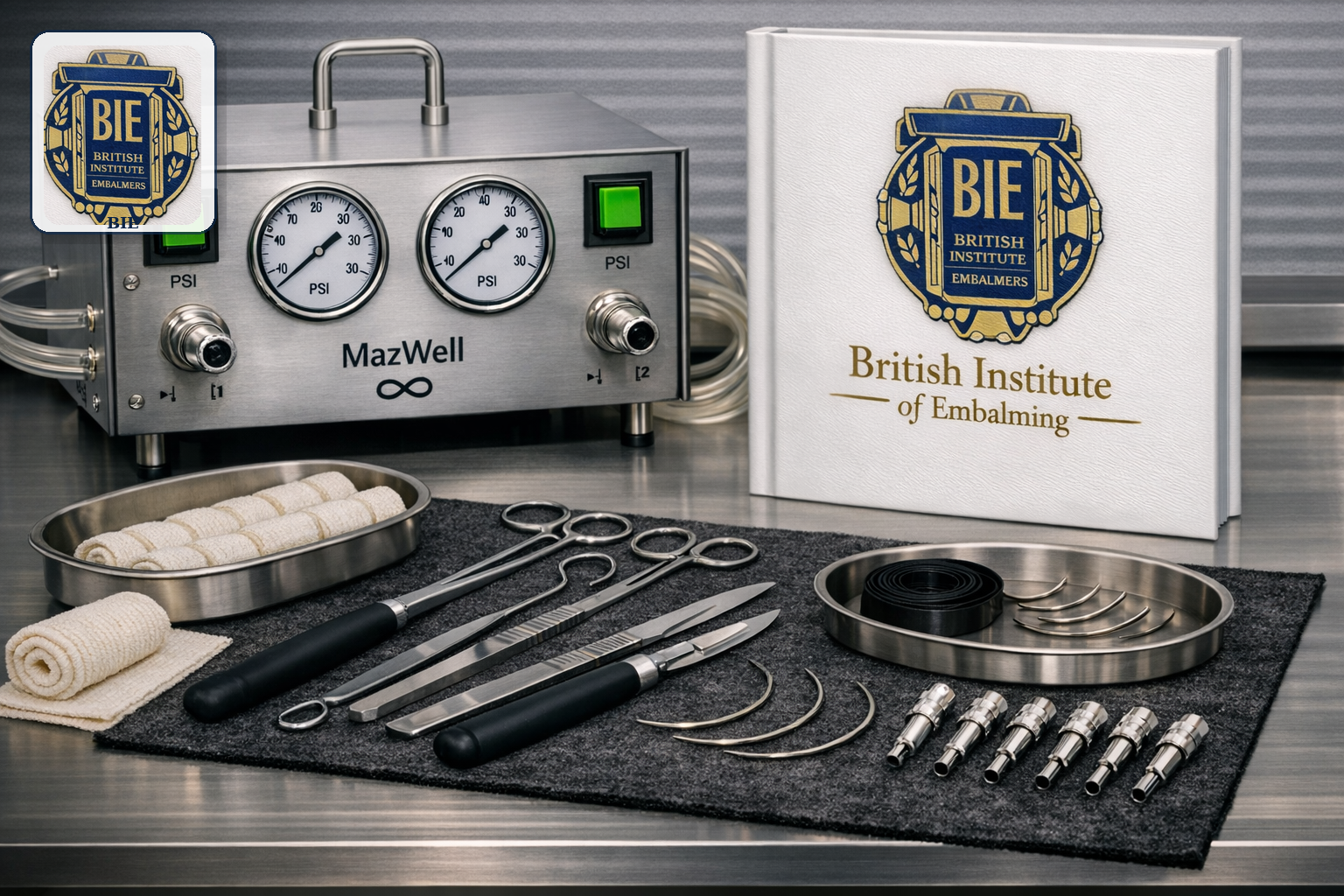 Clinical embalming instruments, learning resources and British Institute of Embalmers logo